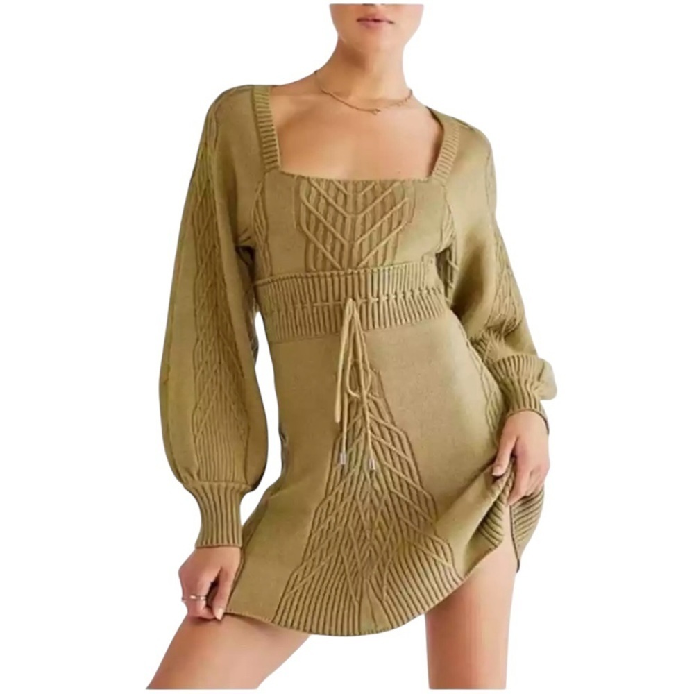 Free People.   Green Bodycon Sweater Dress with Bishop Sleeves. - Picture 5 of 13